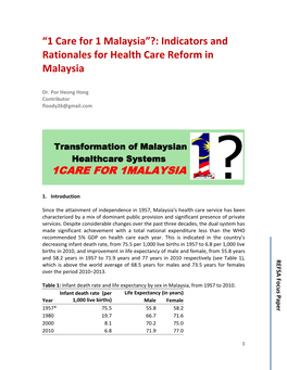 Indicators and Rationales for Health Care Reform in Malaysia