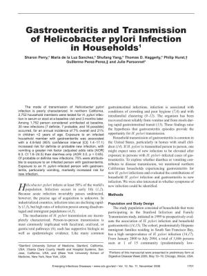 Gastroenteritis and Transmission of Helicobacter Pylori Infection in Households1 Sharon Perry,* Maria De La Luz Sanchez,* Shufang Yang,* Thomas D