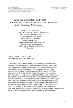 Wing Ecomorphology and Flight Performance of Bats in Pisan Caves, Kabacan, North Cotabato, Philippines