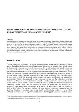 Preventing Crime in Townships: Foundations for Economic Empowerment and Human Development1