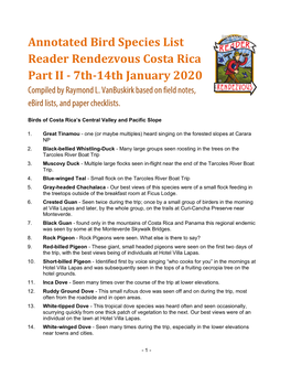 Annotated Bird Species List Reader Rendezvous Costa Rica Part II - 7Th-14Th January 2020 Compiled by Raymond L
