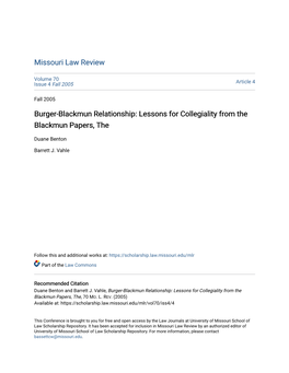 Burger-Blackmun Relationship: Lessons for Collegiality from the Blackmun Papers, The