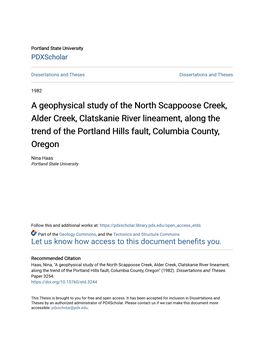 A Geophysical Study of the North Scappoose Creek, Alder Creek, Clatskanie River Lineament, Along the Trend of the Portland Hills Fault, Columbia County, Oregon
