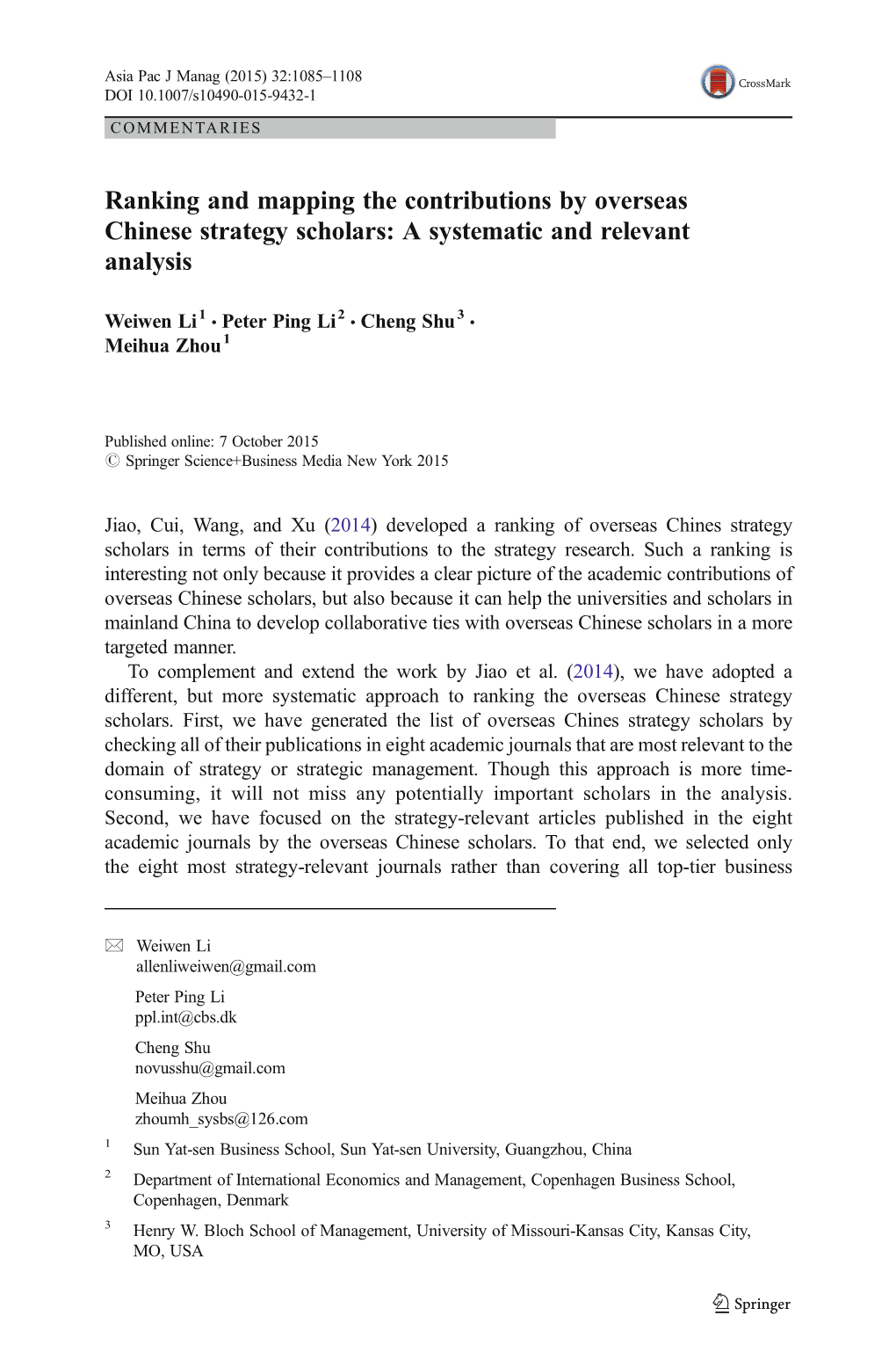 Ranking and Mapping the Contributions by Overseas Chinese Strategy Scholars: a Systematic and Relevant Analysis
