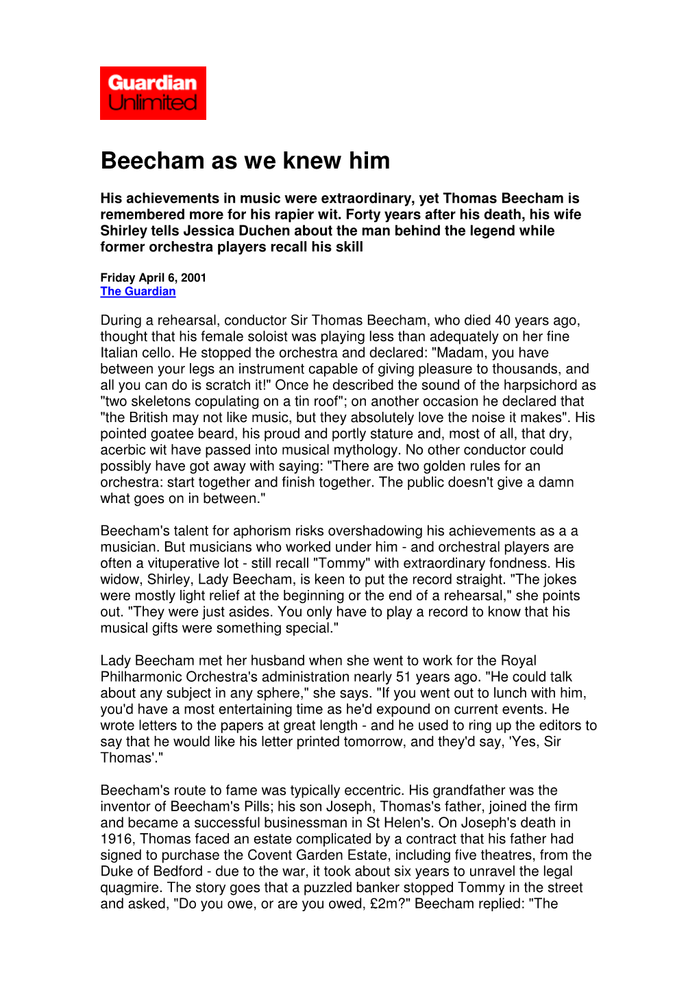 Beecham As We Knew Him