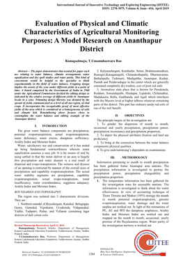 Evaluation of Physical and Climatic Characteristics of Agricultural Monitoring Purposes: a Model Research on Ananthapur District