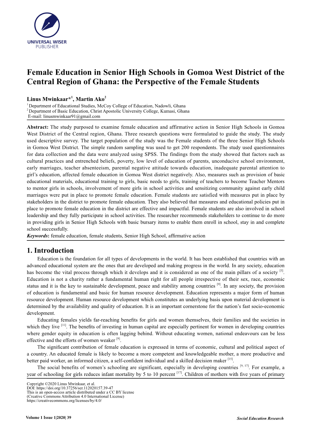 Female Education in Senior High Schools in Gomoa West District of the Central Region of Ghana: the Perspective of the Female Students