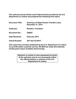 Summary of State Firearm Transfer Laws, December 31, 2013