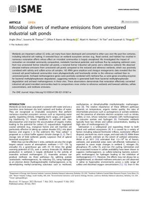 Microbial Drivers of Methane Emissions from Unrestored Industrial Salt Ponds ✉ Jinglie Zhou1, Susanna M
