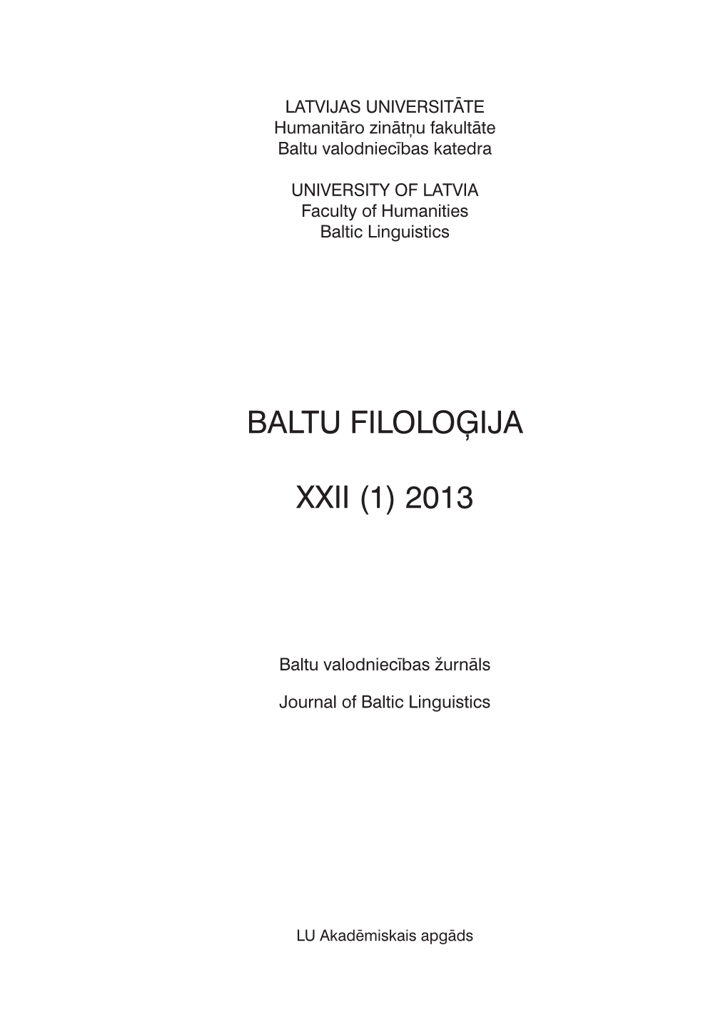 Baltu Filoloģija XXII (1) 2013