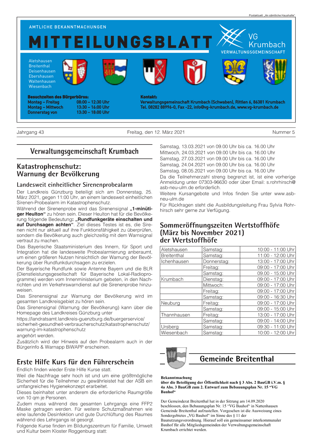 Verwaltungsgemeinschaft Krumbach Mittwoch, 24.03.2021 Von 09.00 Uhr Bis Ca