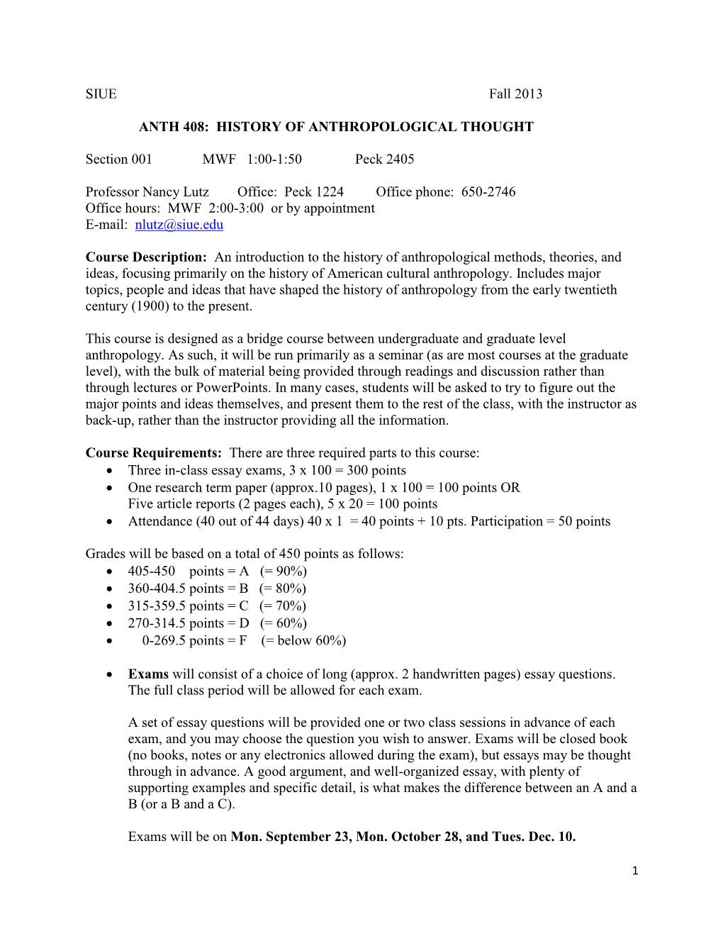 SIUE Fall 2013 ANTH 408: HISTORY of ANTHROPOLOGICAL