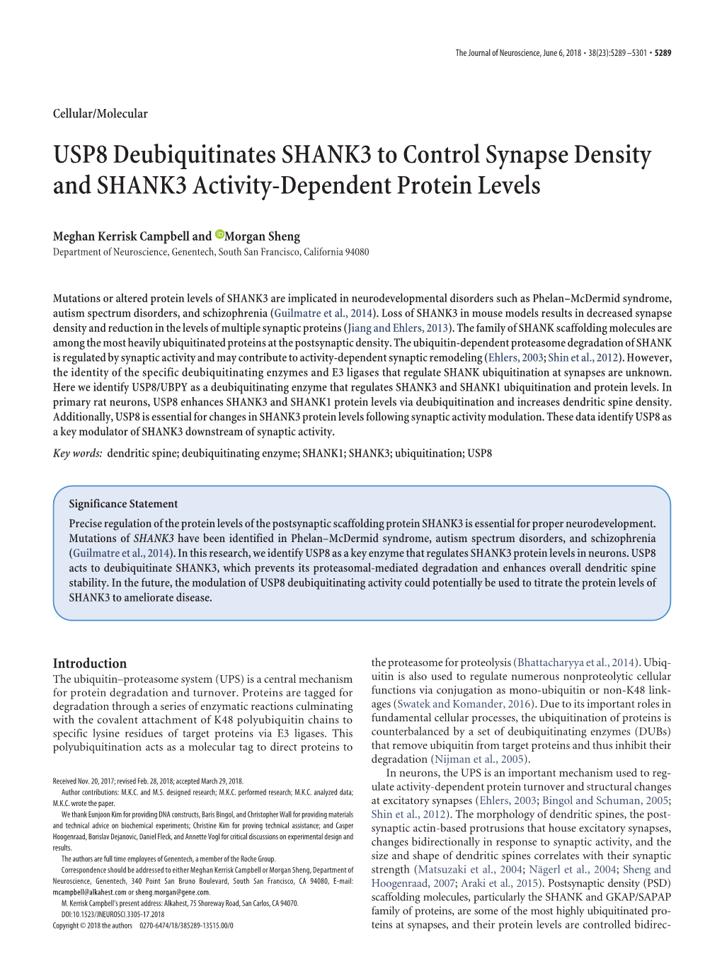 USP8 Deubiquitinates SHANK3 to Control Synapse Density and SHANK3 Activity-Dependent Protein Levels
