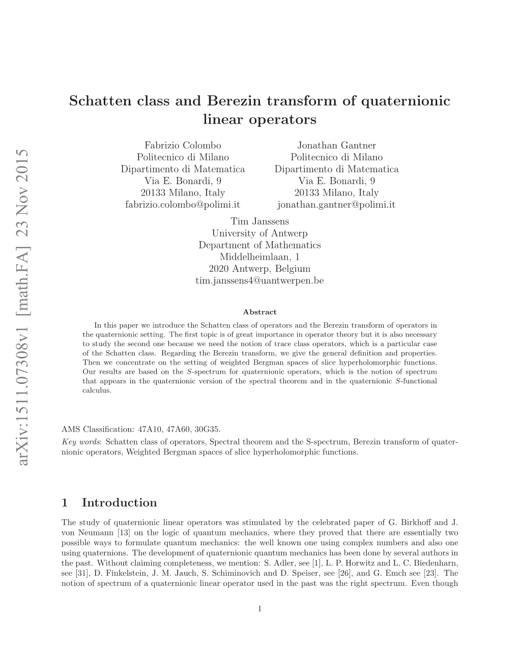 Schatten Class and Berezin Transform of Quaternionic Linear Operators