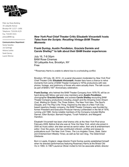 New York Post Chief Theater Critic Elisabeth Vincentelli Hosts Tales from the Scripts: Recalling Vintage BAM Theater Moments