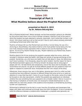 Boston College Encore Access Islam 101 Transcript of Part 2