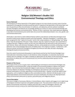 Religion 333/Women's Studies 313 Environmental Theology and Ethics
