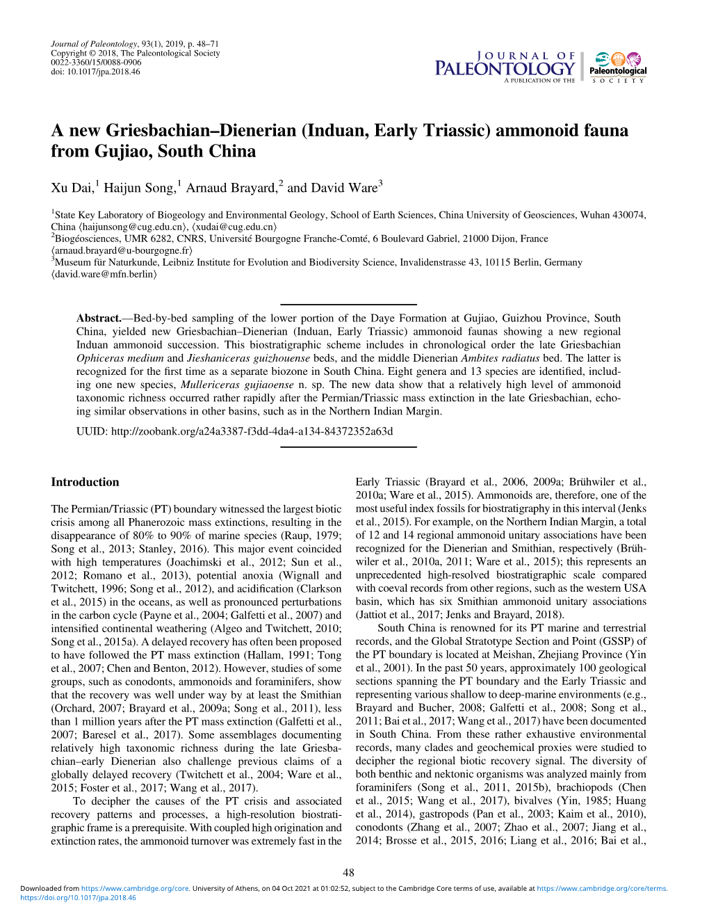 A New Griesbachian–Dienerian (Induan, Early Triassic) Ammonoid Fauna from Gujiao, South China