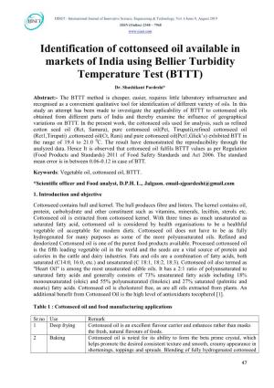 Identification of Cottonseed Oil Available in Markets of India Using Bellier Turbidity Temperature Test (BTTT)