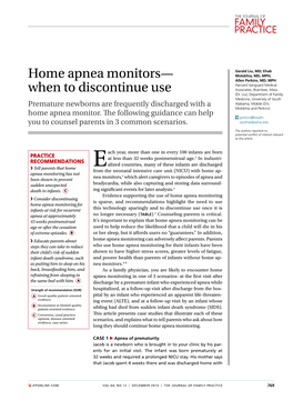 Home Apnea Monitors— Molokhia, MD, MPH; Allen Perkins, MD, MPH Harvard Vanguard Medical When to Discontinue Use Associates, Braintree, Mass