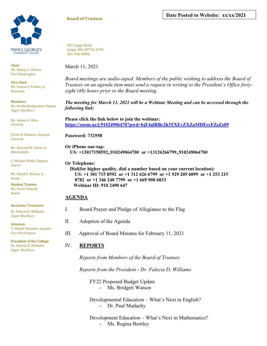 March 11, 2021 Board Agenda