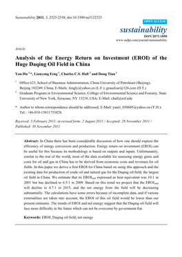 Analysis of the Energy Return on Investment (EROI) of the Huge Daqing Oil Field in China