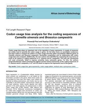 Codon Usage Bias Analysis for the Coding Sequences of Camellia Sinensis and Brassica Campestris