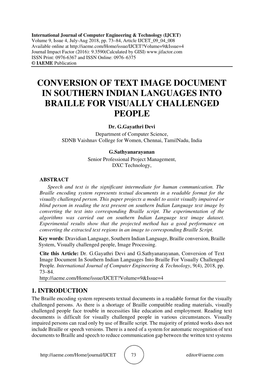 Conversion of Text Image Document in Southern Indian Languages Into Braille for Visually Challenged People