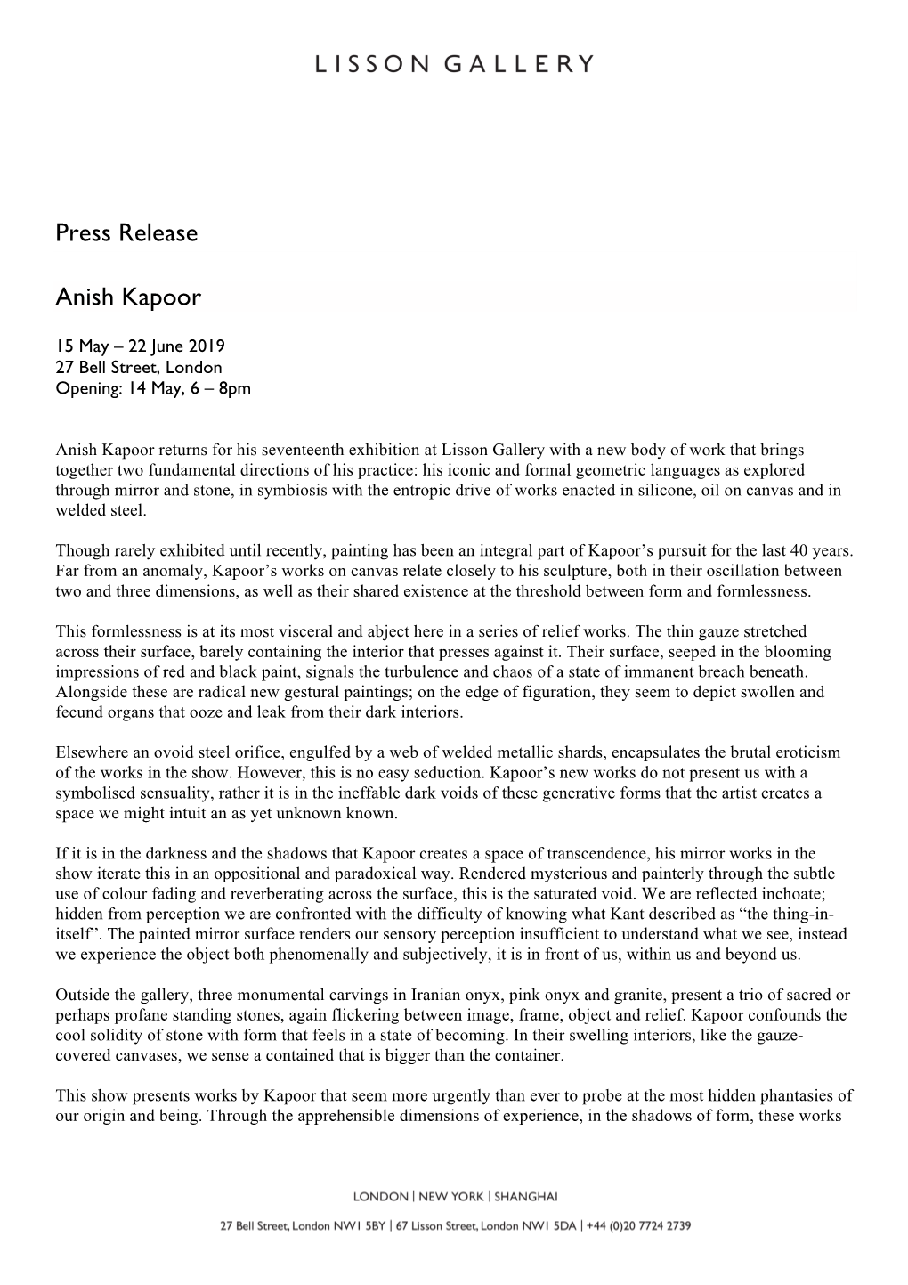 Press Release Anish Kapoor