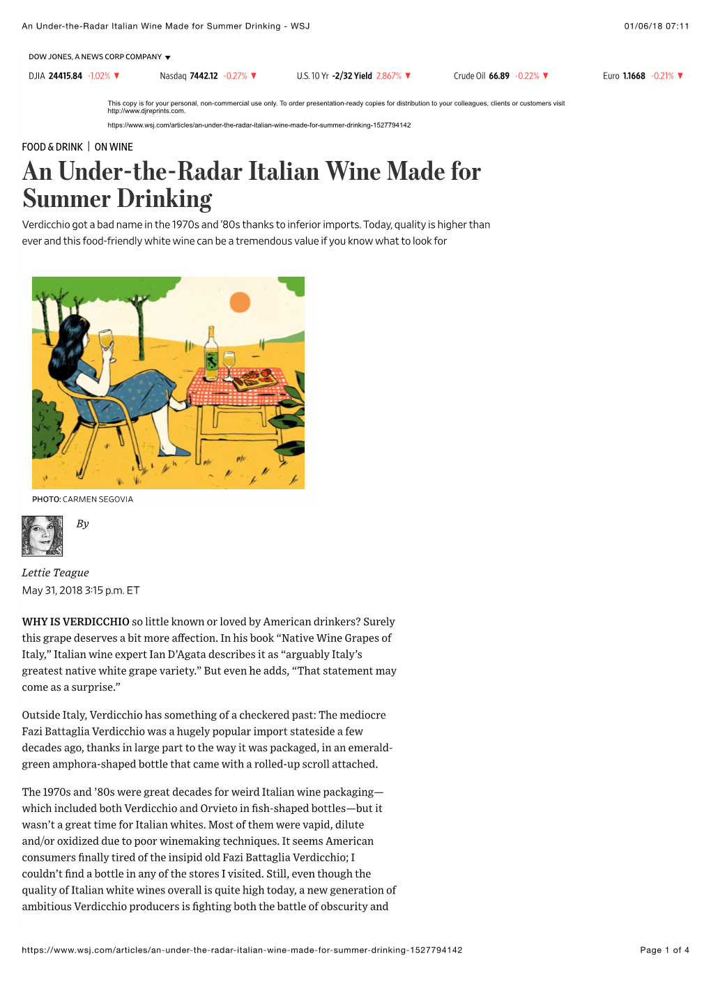 An Under-The-Radar Italian Wine Made for Summer Drinking - WSJ 01/06/18 07:11