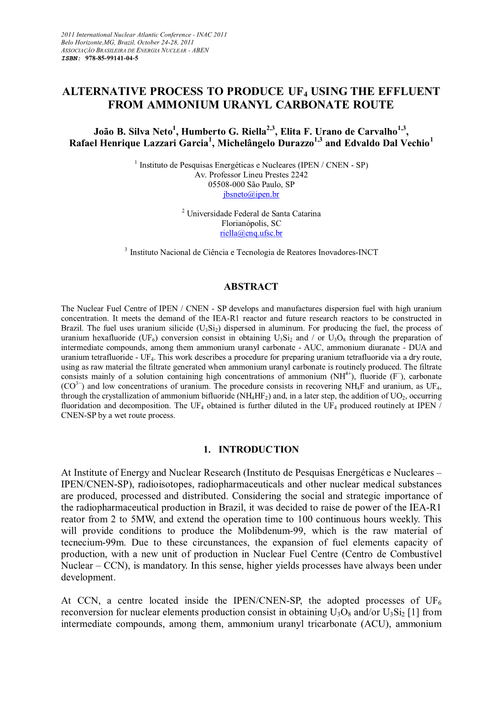 Alternative Process to Produce Uf4 Using the Effluent from Ammonium Uranyl Carbonate Route