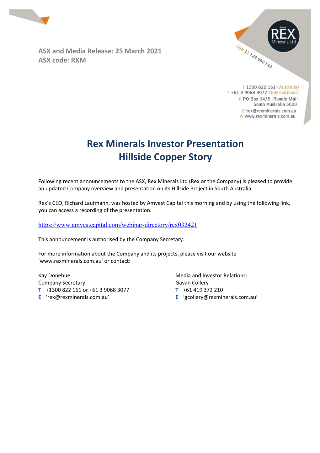 Rex Minerals Investor Presentation Hillside Copper Story