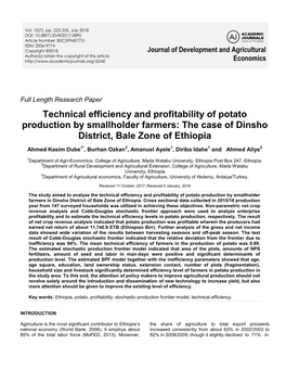 Technical Efficiency and Profitability of Potato Production by Smallholder Farmers: the Case of Dinsho District, Bale Zone of Ethiopia