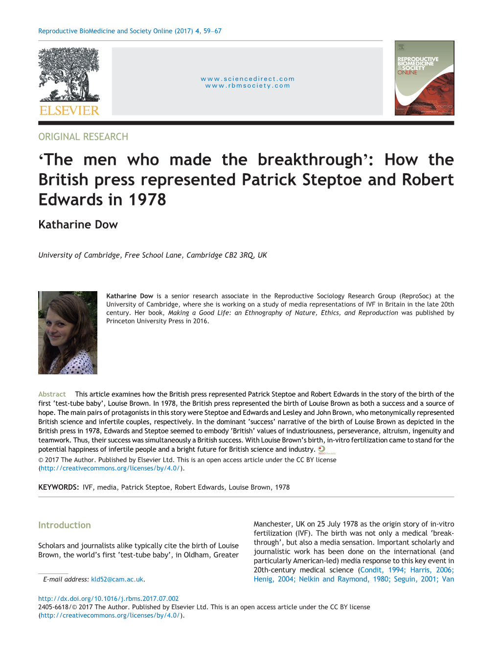 How the British Press Represented Patrick Steptoe and Robert Edwards in 1978 Katharine Dow