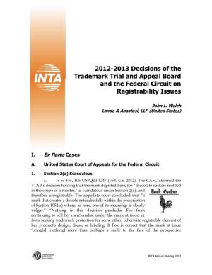 2012-2013 Decisions of the Trademark Trial and Appeal Board and the Federal Circuit on Registrability Issues