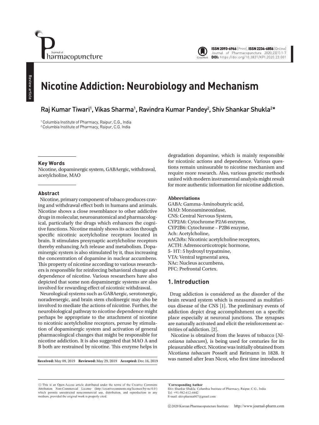 Nicotine Addiction: Neurobiology and Mechanism