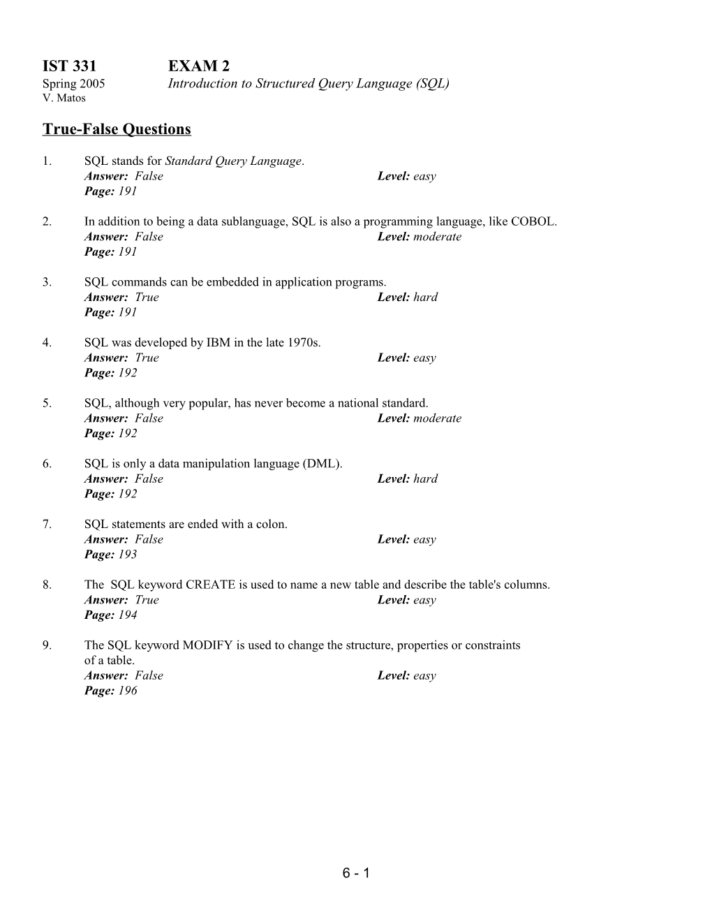 Spring 2005 Introduction to Structured Query Language (SQL)