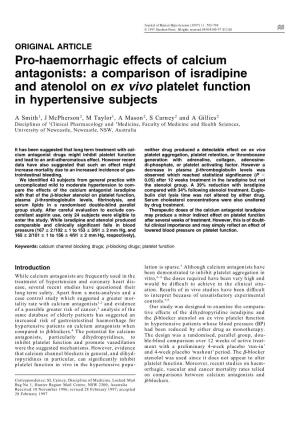 A Comparison of Isradipine and Atenolol on Ex Vivo Platelet Function in Hypertensive Subjects