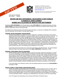 Bears Qb Rex Grossman, Seahawks S Ken Hamlin & Saints K John Carney Named Nfc Players of Month for September