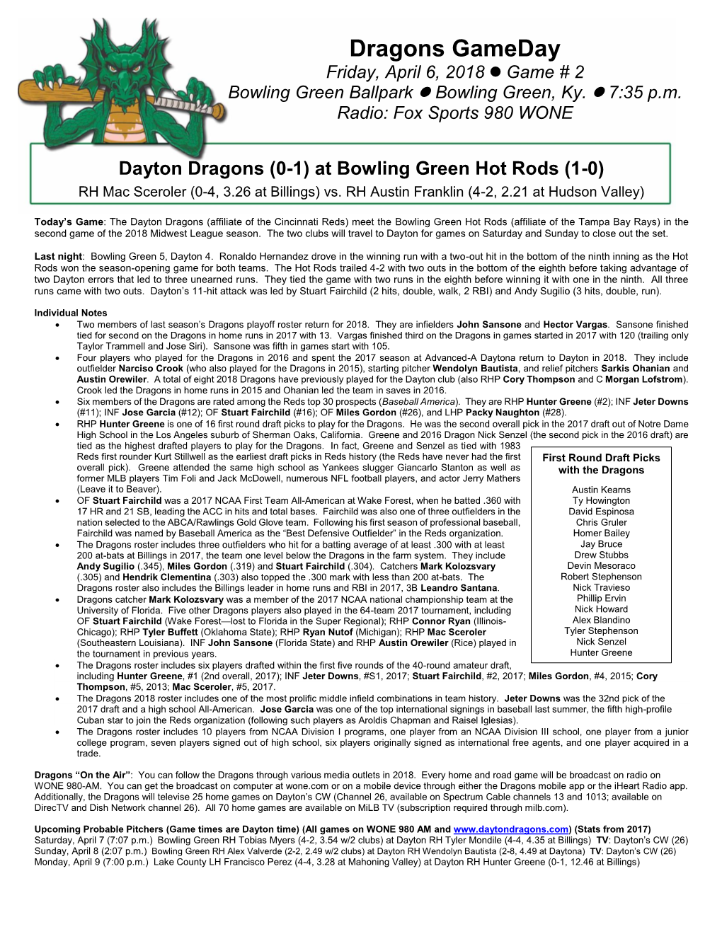 Dragons Gameday Friday, April 6, 2018  Game # 2 Bowling Green Ballpark  Bowling Green, Ky