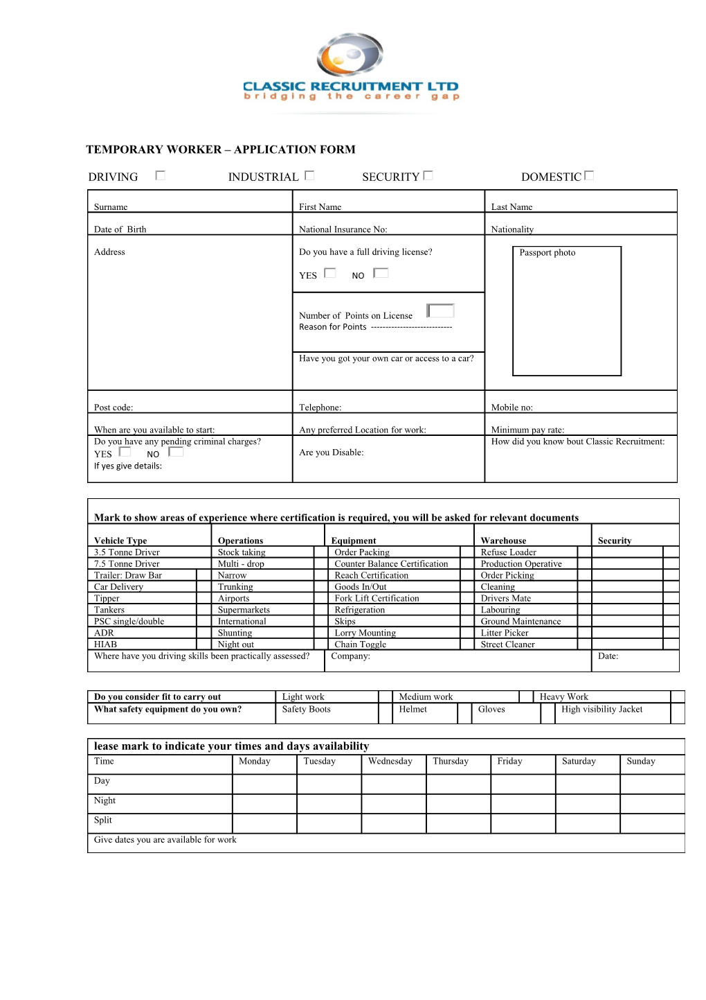 Temporary Worker Application Form