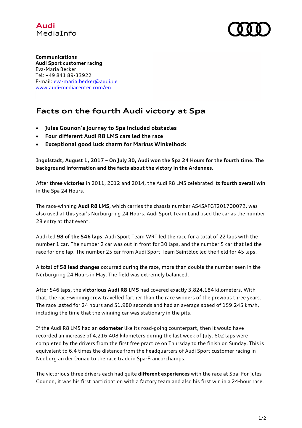 Facts on the Fourth Audi Victory at Spa