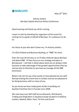 Speech by Antony Jenkins, CEO Retail and Business Banking