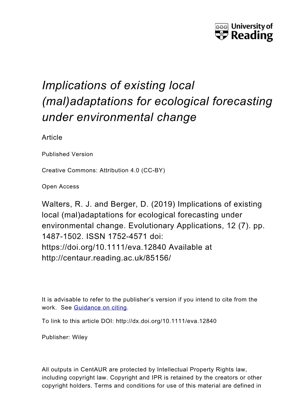 Adaptations for Ecological Forecasting Under Environmental Change