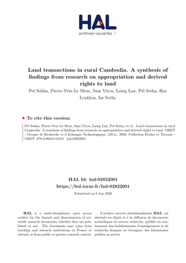 Land Transactions in Rural Cambodia. a Synthesis of Findings From