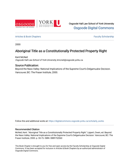 Aboriginal Title As a Constitutionally Protected Property Right
