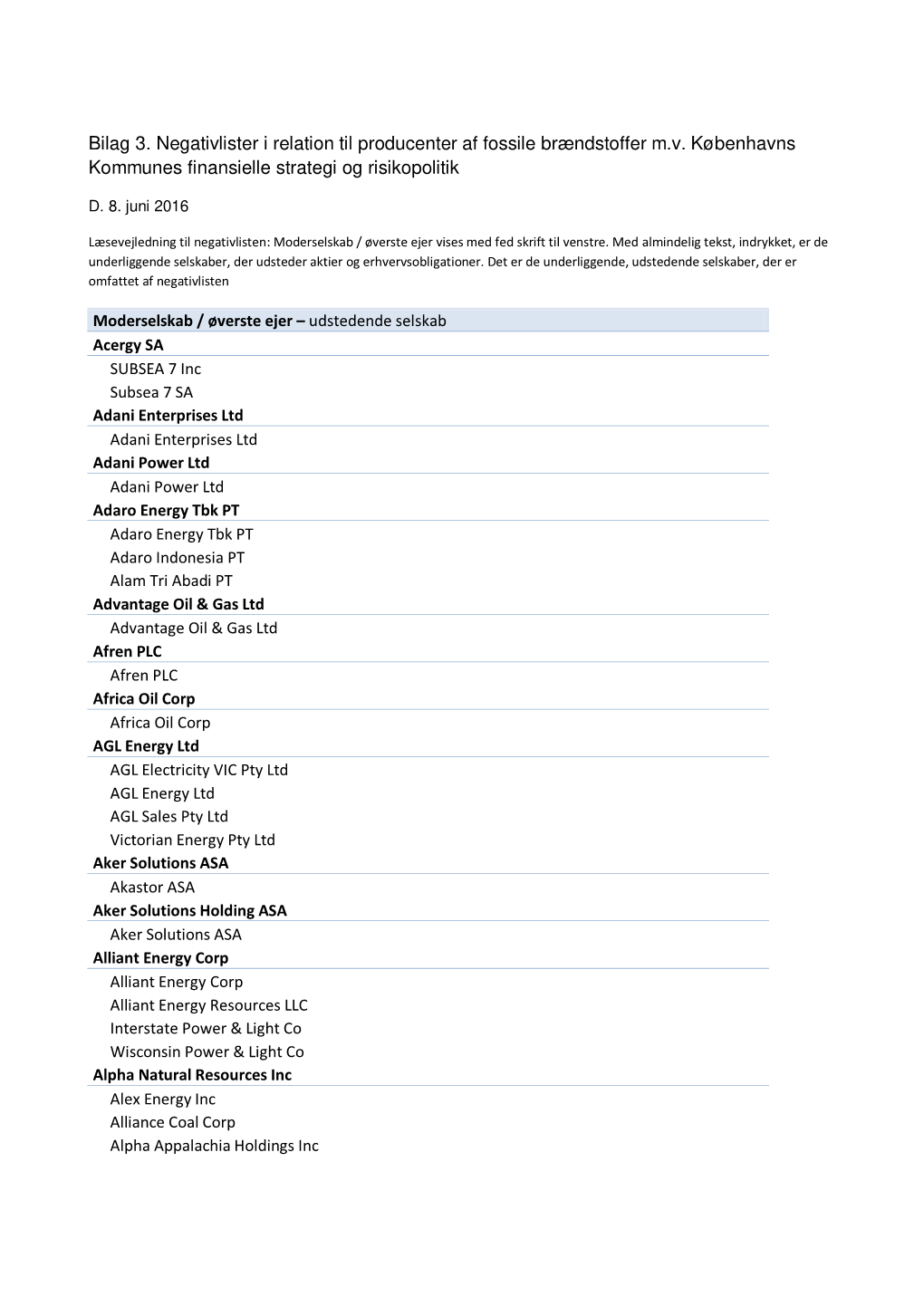 Bilag 3. Negativlister I Relation Til Producenter Af Fossile Brændstoffer M.V. Københavns Kommunes Finansielle Strategi Og Risikopolitik