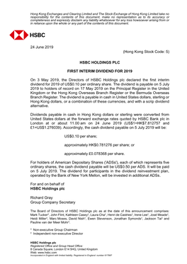 24 June 2019 (Hong Kong Stock Code: 5) HSBC HOLDINGS PLC