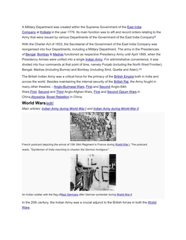 World Wars[Edit] Main Articles: Indian Army During World War I and Indian Army During World War II