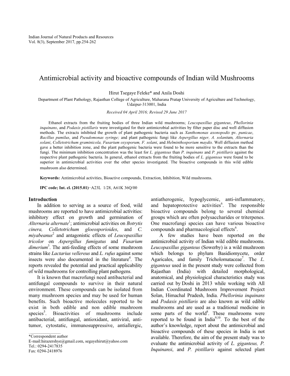 Antimicrobial Activity and Bioactive Compounds of Indian Wild Mushrooms